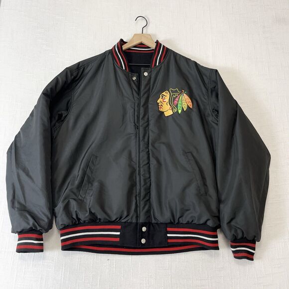 Y2K JH Design Reversible Bomber Chicago Blackhawks Varsity Jacket L-XL Vtg NHL - Picture 2 of 13